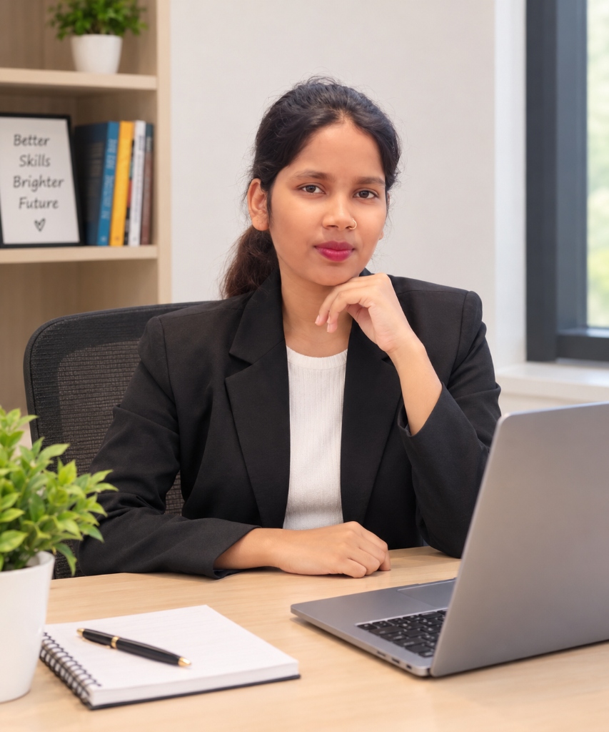 Priti Yadav seated at her desk working on digital marketing strategy, SEO audits, and web development